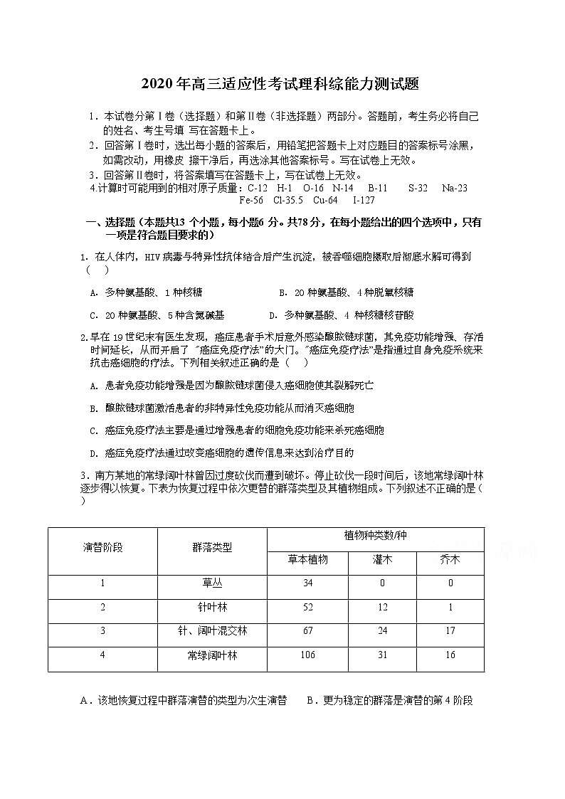 2020上饶横峰中学高三下学期高考适应性考试生物试题含答案01