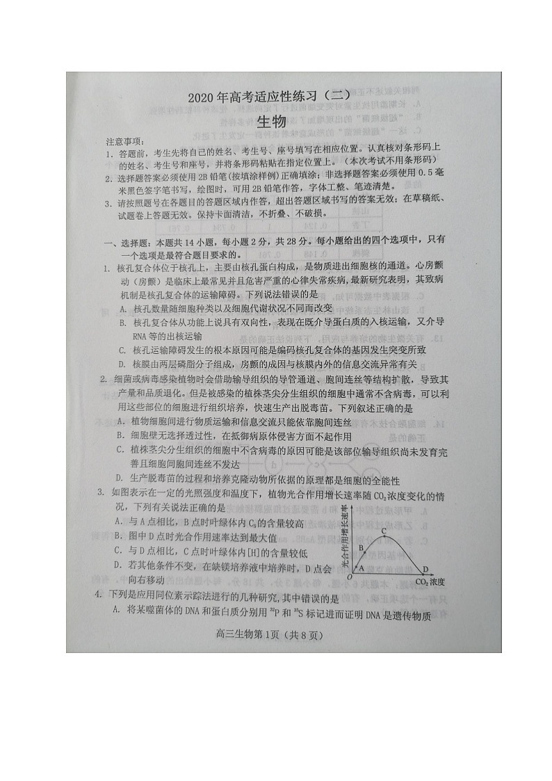 2020烟台高三高考适应性练习(二)生物试题图片版扫描版含答案第1页