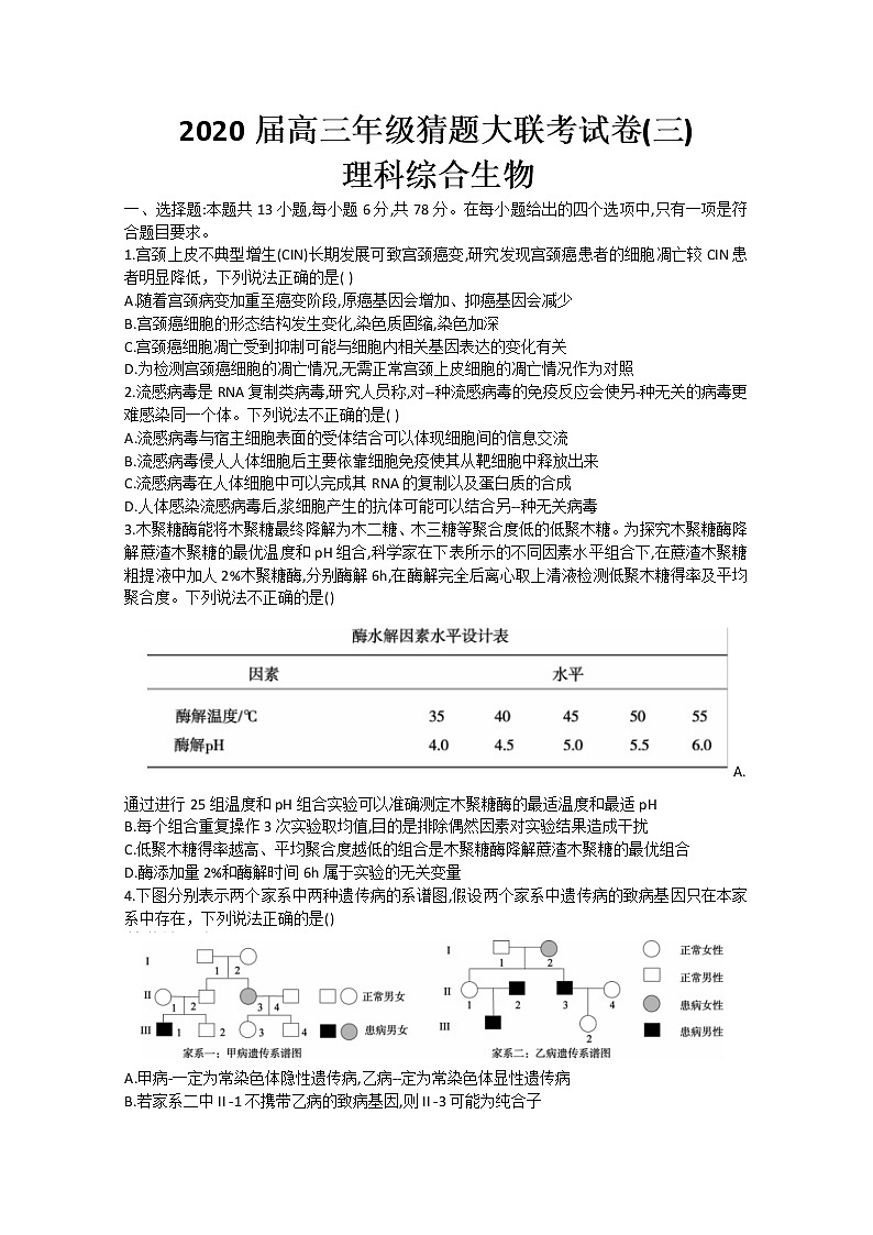 2020河南省高三年级猜题大联考(三)理综生物试题含答案第1页