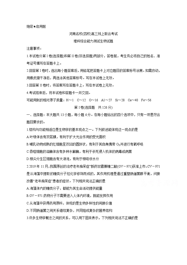 2020名校(南阳一中、信阳、漯河、平顶山一中四校)高三3月线上联合考试生物含答案第1页