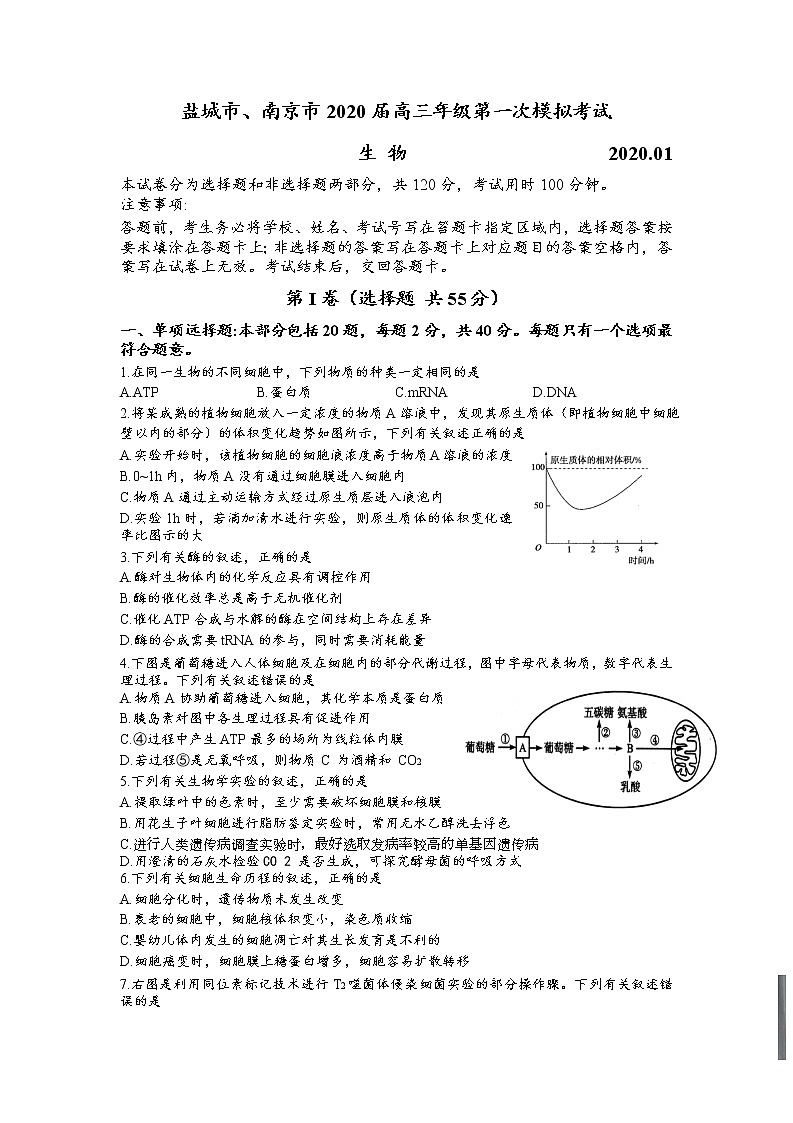 2020南京、盐城高三上学期第一次模拟考试生物试题含答案第1页