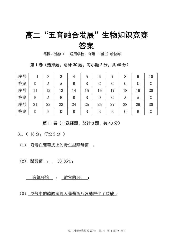 2021长春农安县高二下学期“五育融合”知识竞赛生物试题（选修1）PDF版含答案01