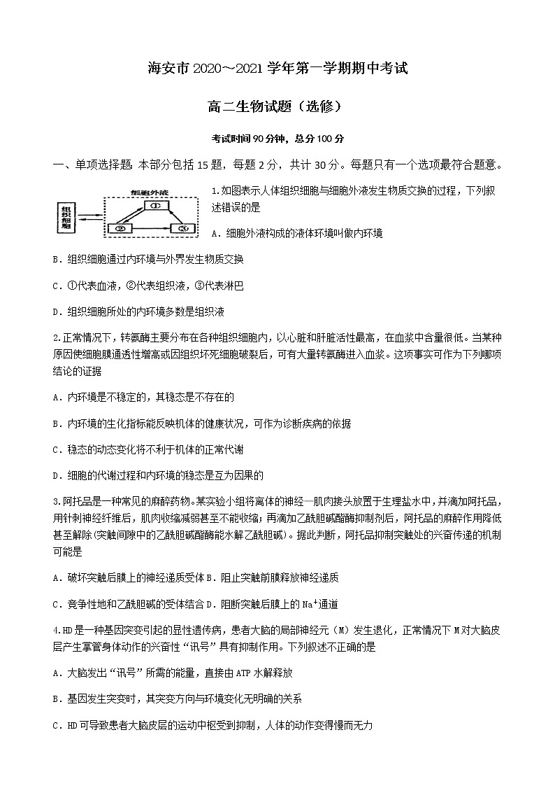 2021江苏省海安市高二上学期期中考试生物试卷(选修)含答案01