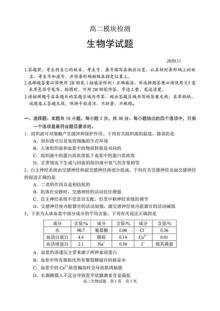 2021日照五莲县高二上学期期中考试生物试题(可编辑)PDF版缺答案第1页