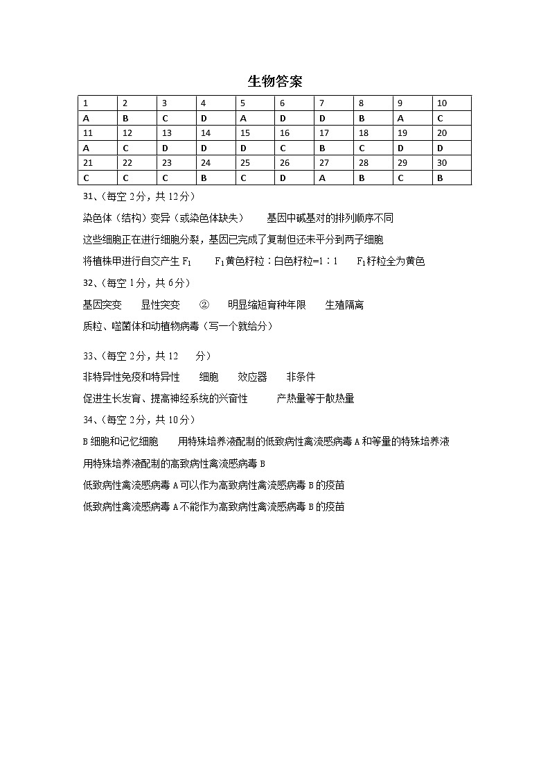 蚌埠第三中学2020-2021学年高二11月教学质量检测生物答案第1页