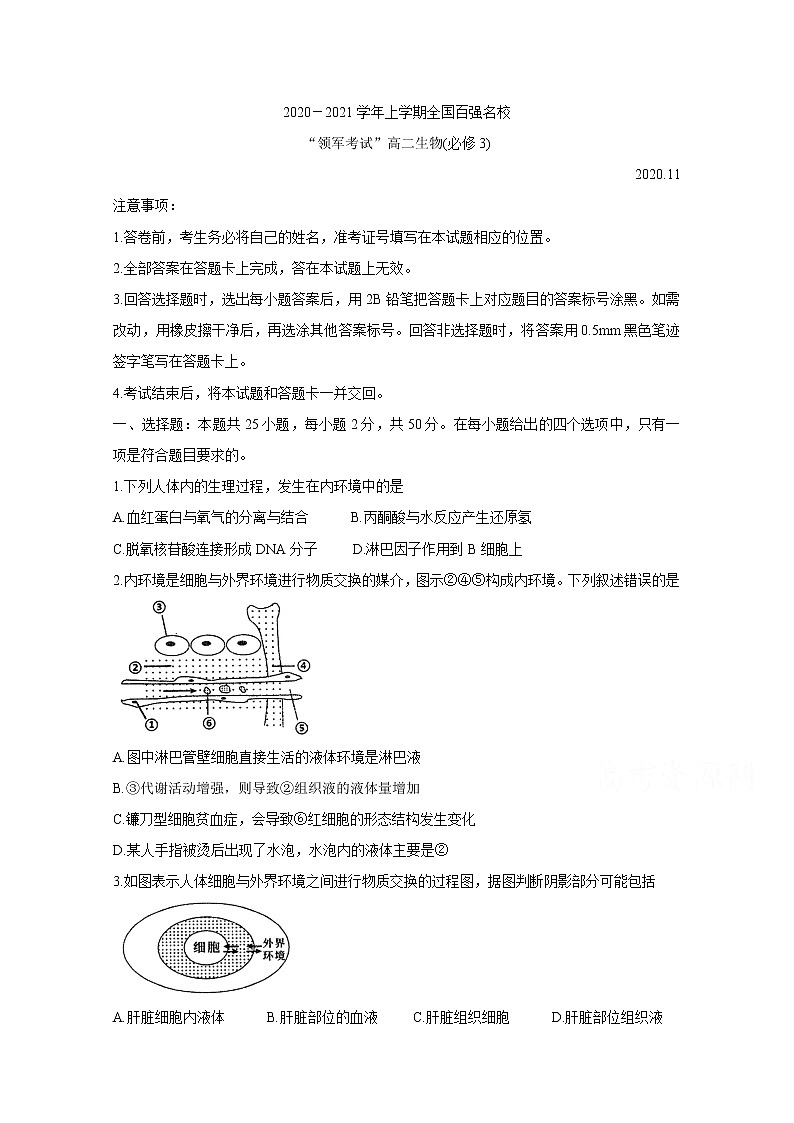 2021全国百强名校“领军考试”高二上学期11月联考试题生物含答案第1页