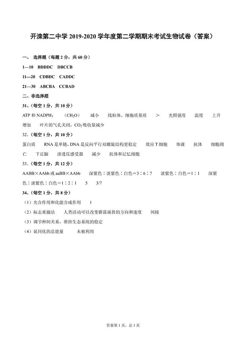 2020唐山开滦二中高二下学期期末考试(线上)生物试题含答案01