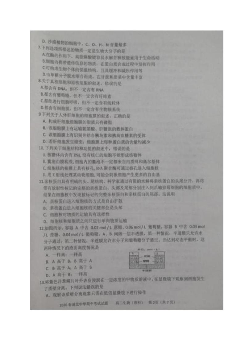 2020广西浦北中学高二下学期期中考试生物试题PDF版含答案02