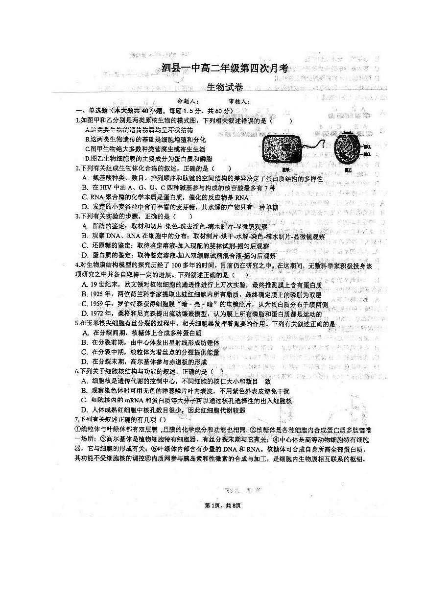 2020安徽省泗縣一中高二下學(xué)期第四次月考生物試題PDF版含答案第1頁