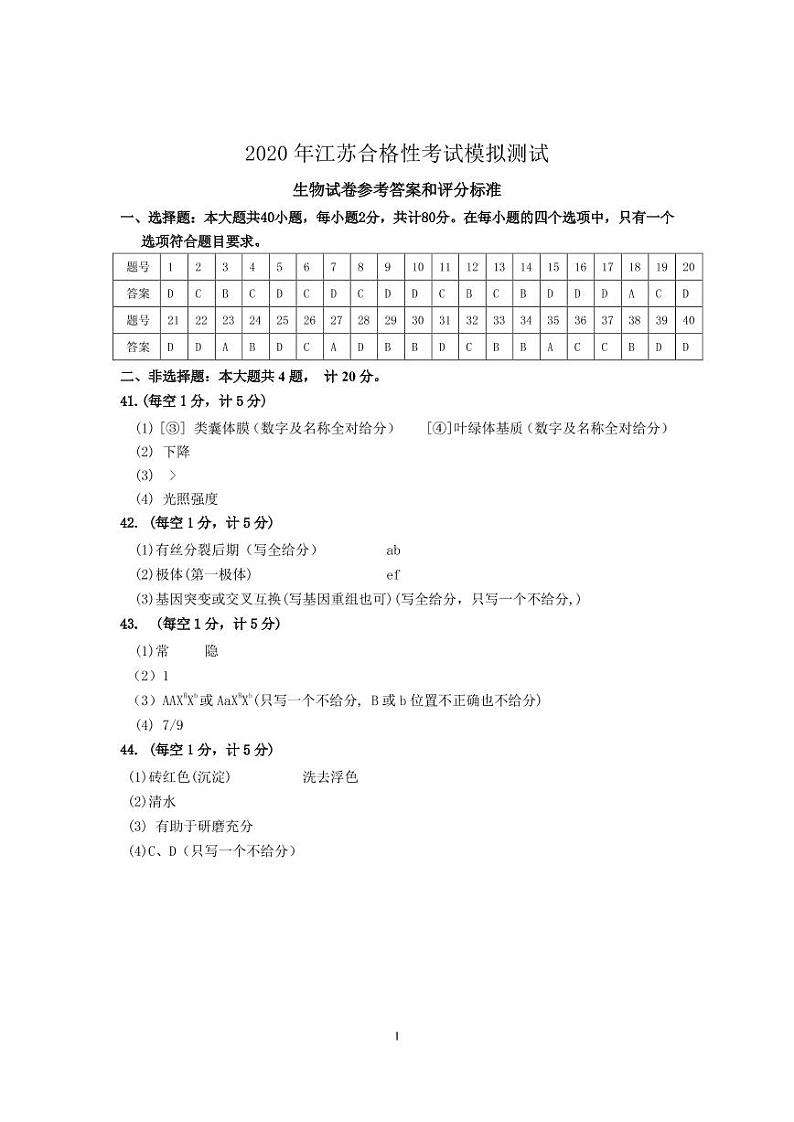 江苏省新沂市2019-2020学年高二合格性考试模拟测试生物参考答案第1页