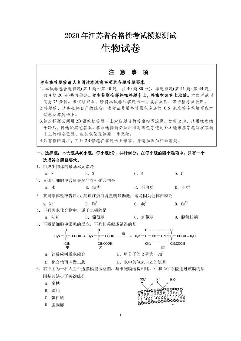 江苏省新沂市2019-2020学年高二合格性考试模拟测试生物试题(可编辑PDF版)第1页