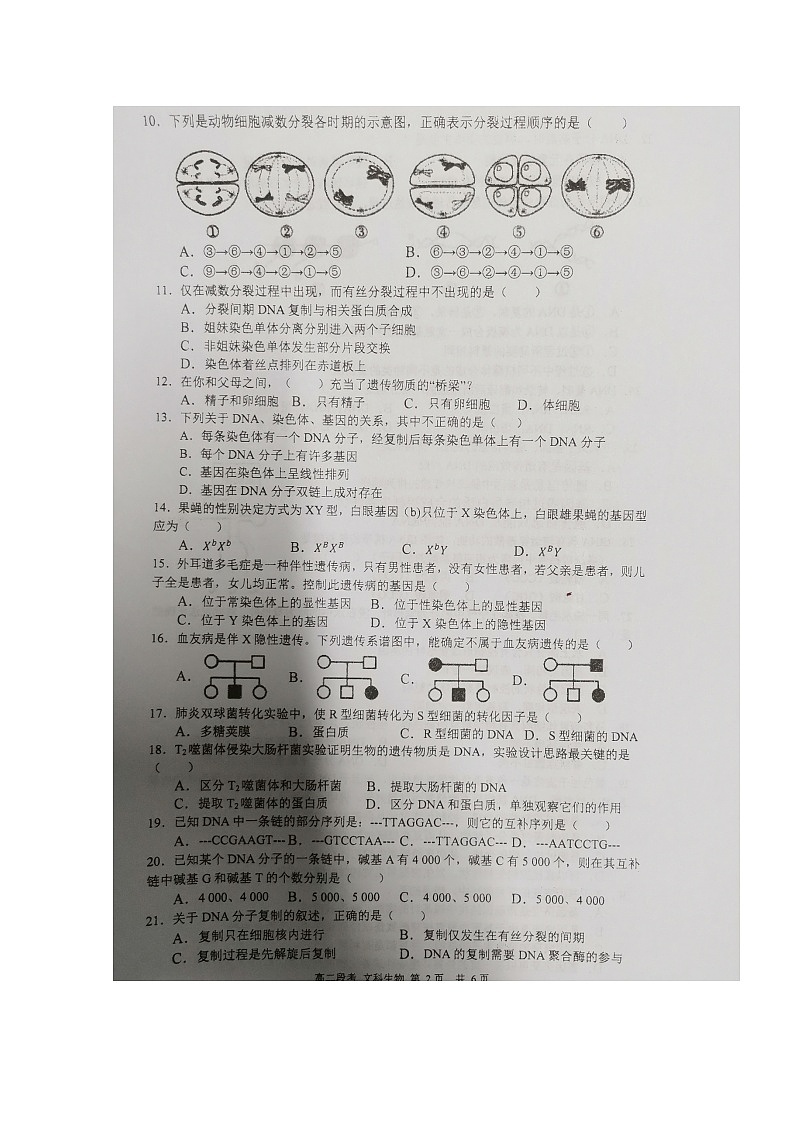 2020南寧二中高二上學(xué)期期中考試（文科）生物試題掃描版含答案第2頁