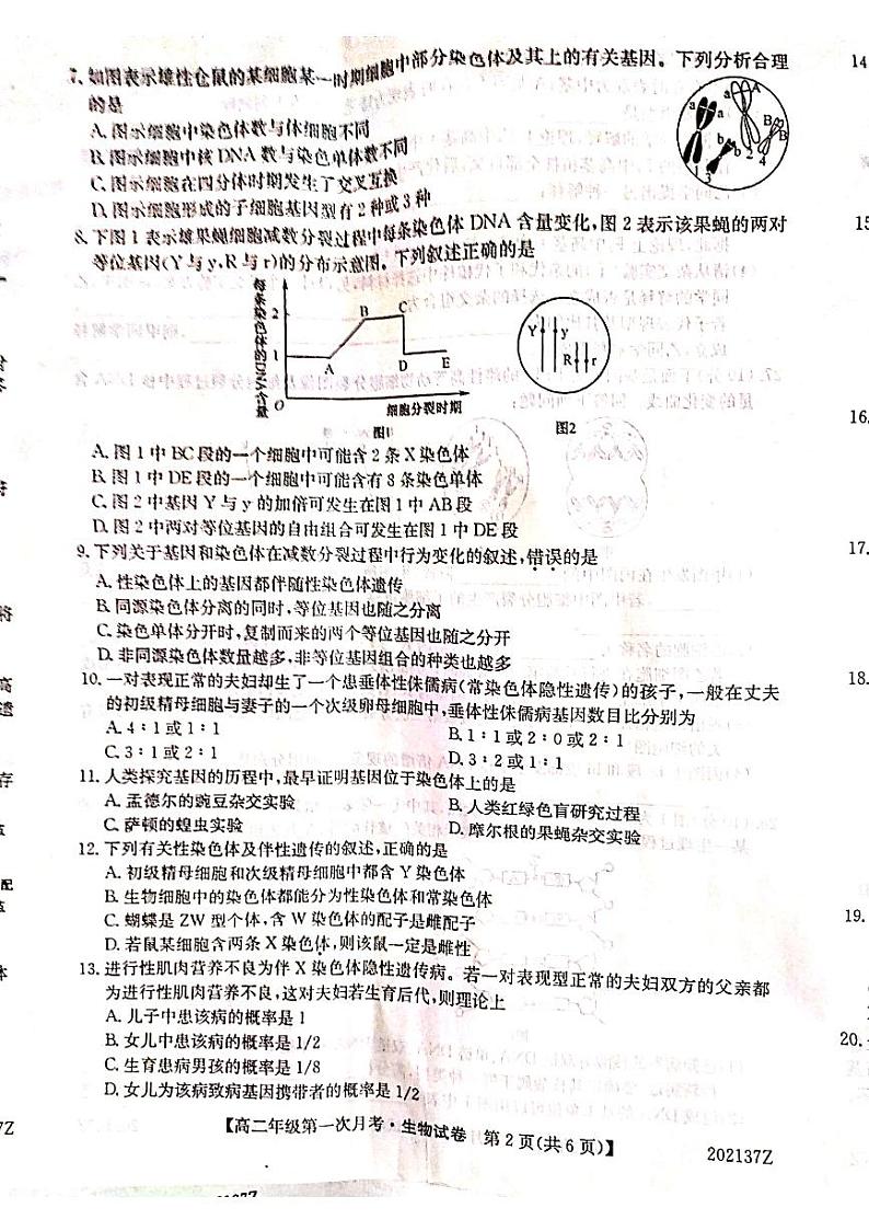 2020天长关塘中学高二上学期第一次月考生物试题PDF版缺答案第2页
