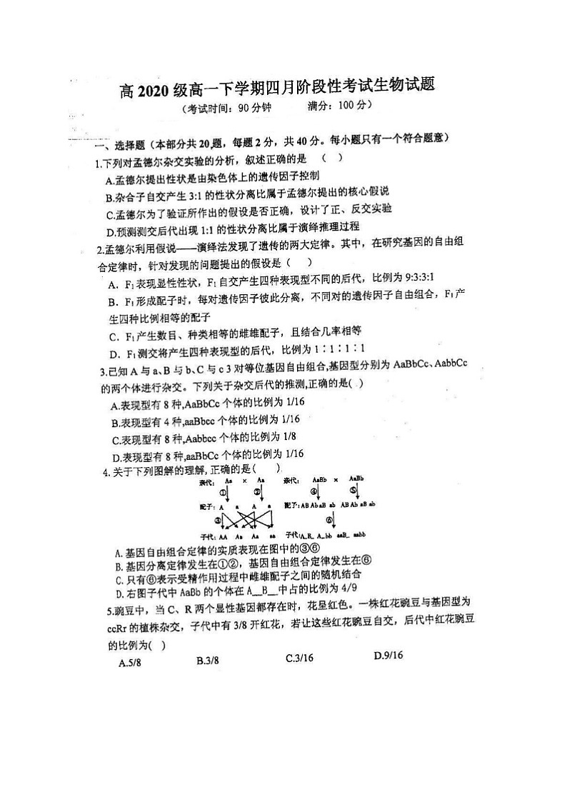 2021四川省仁寿一中北校区高一4月月考生物试题扫描版含答案第1页