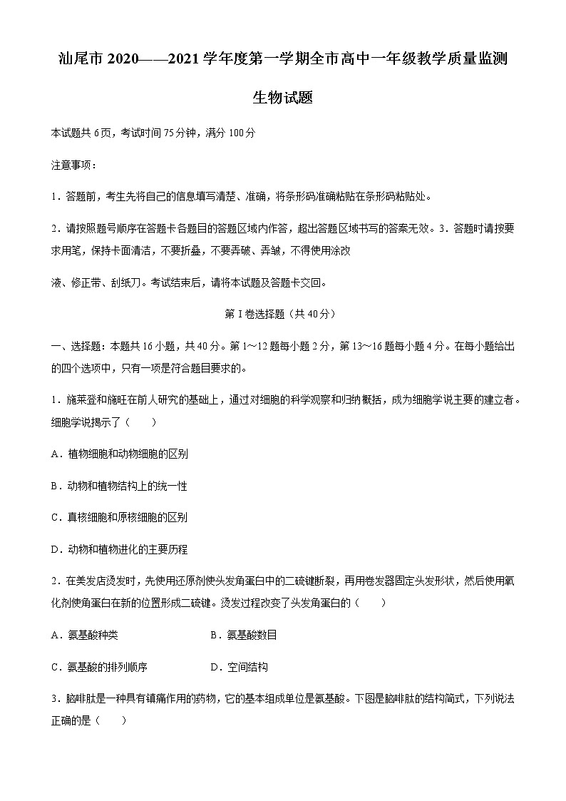 2021汕尾高一上学期期末生物试题含答案01