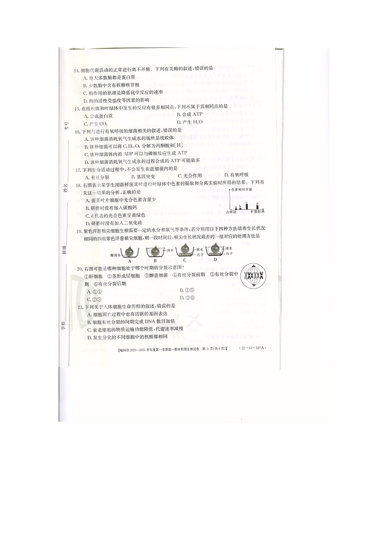 2021榆林高一上学期期末检测生物试卷扫描版含答案第3页