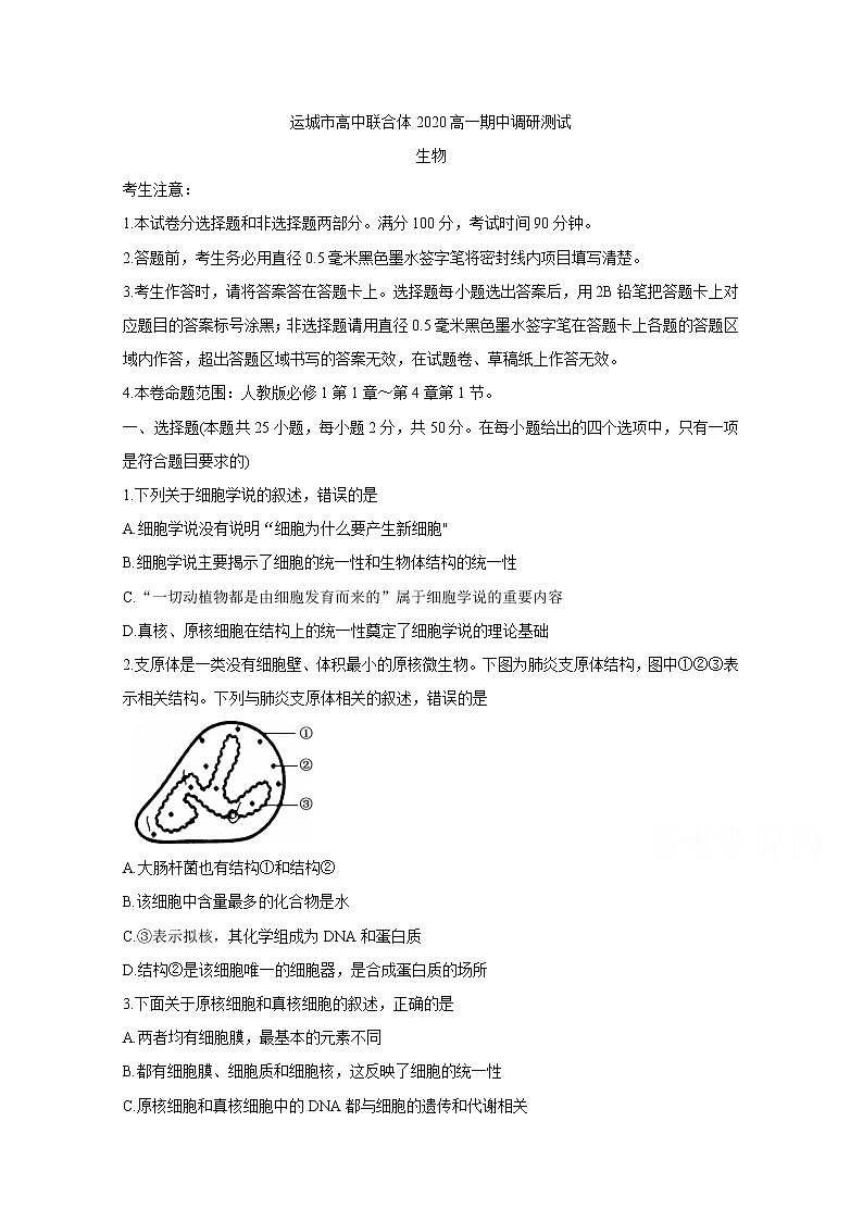 2021运城高中联合体高一上学期期中考试生物含答案第1页