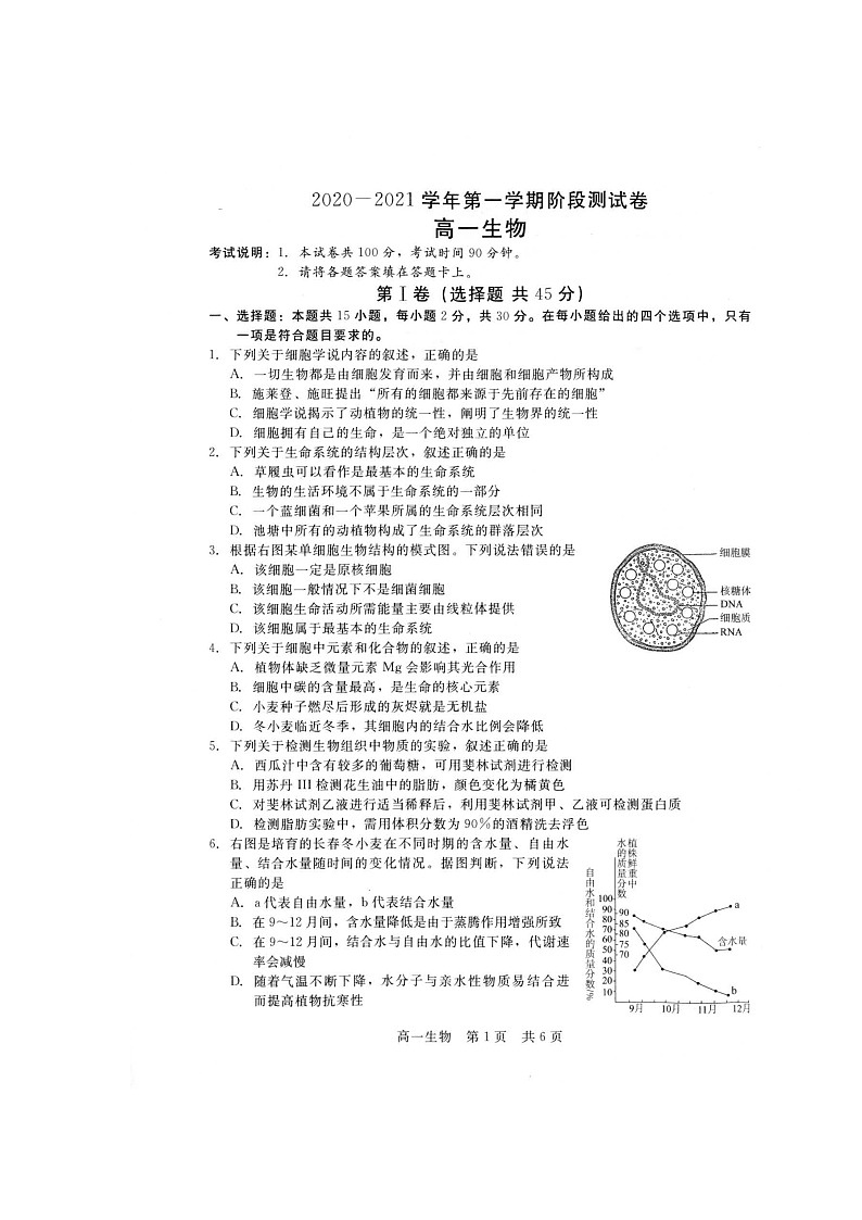 2021张家口高一上学期名校联考(期中)考试生物试题(扫描版)01