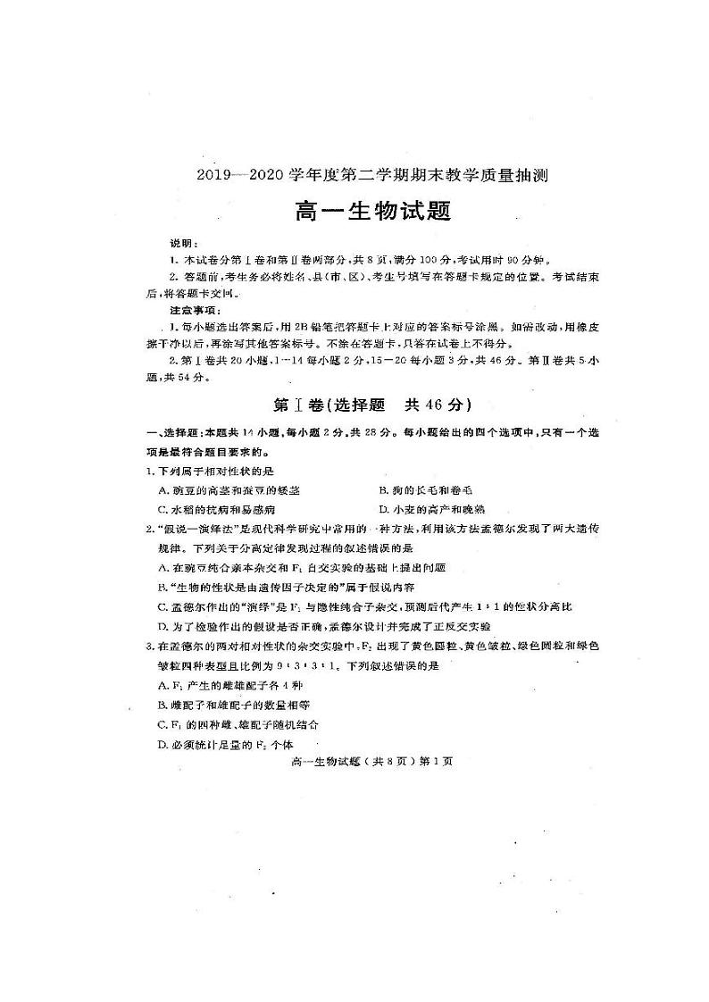 2020聊城高一下学期期末考试生物试题扫描版含答案01