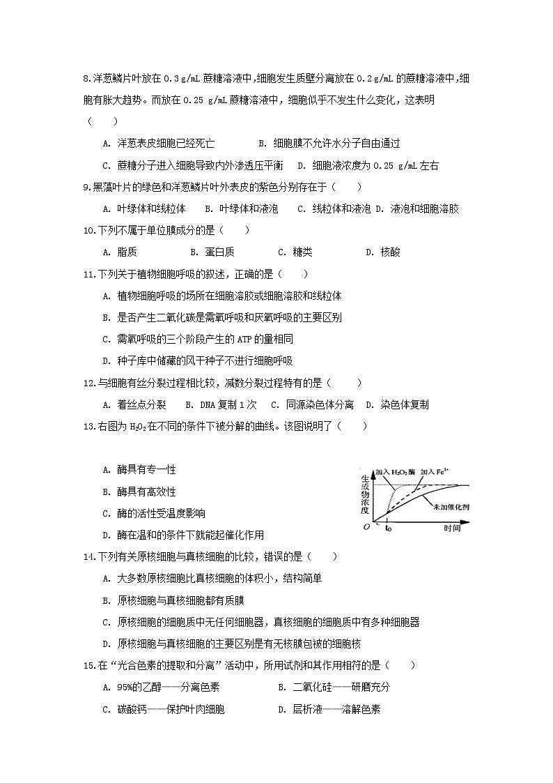 2020浙江省东阳中学高一下学期期中考试生物试题含答案第2页