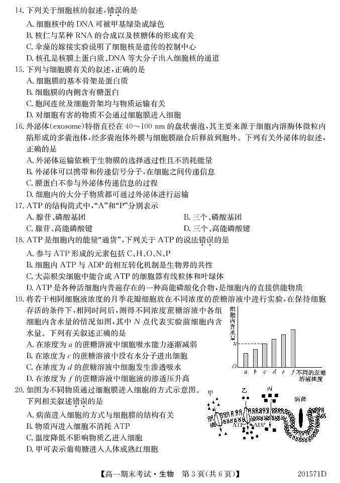 2020内蒙古锦山蒙古族中学高一上学期期末考试生物试题PDF版含答案第3页