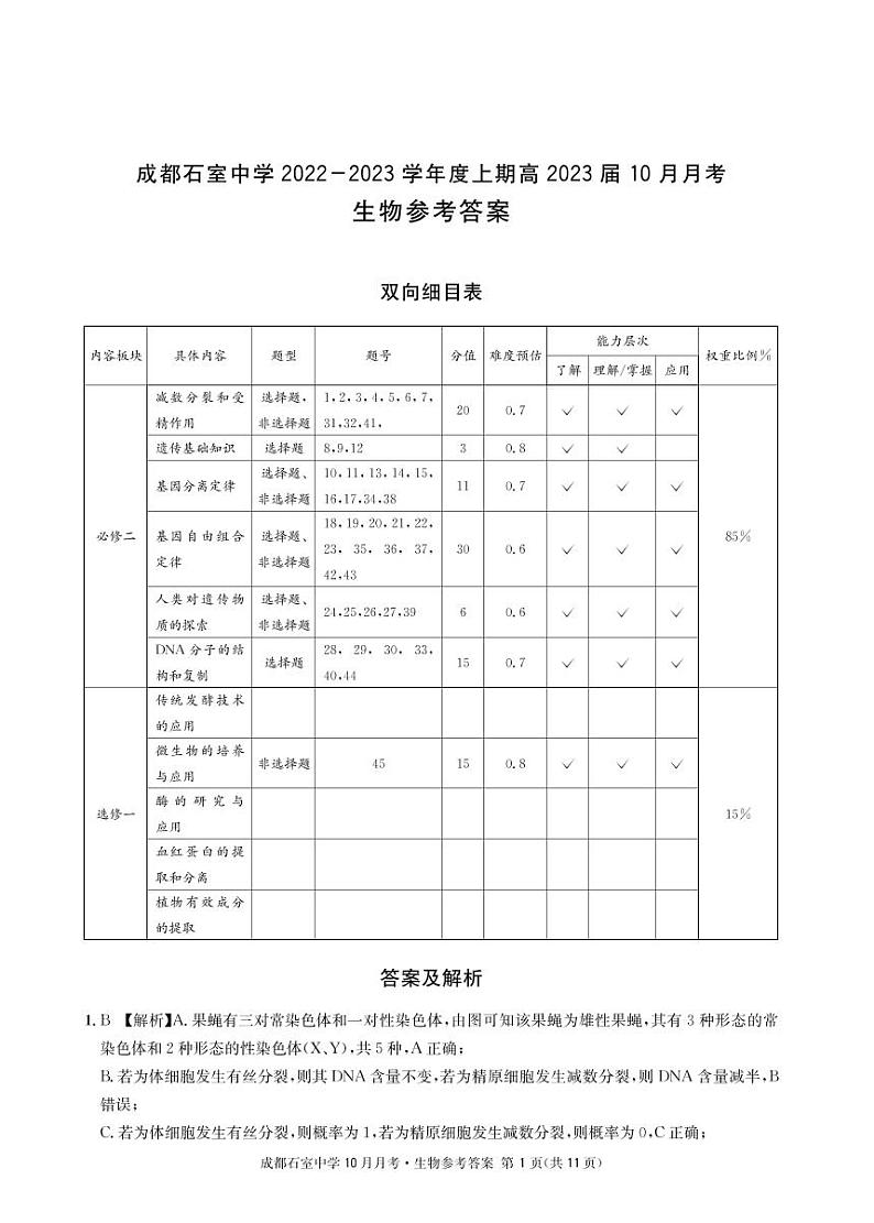 2023届四川省成都石室中学高三上学期10月月考试题 生物 PDF版01