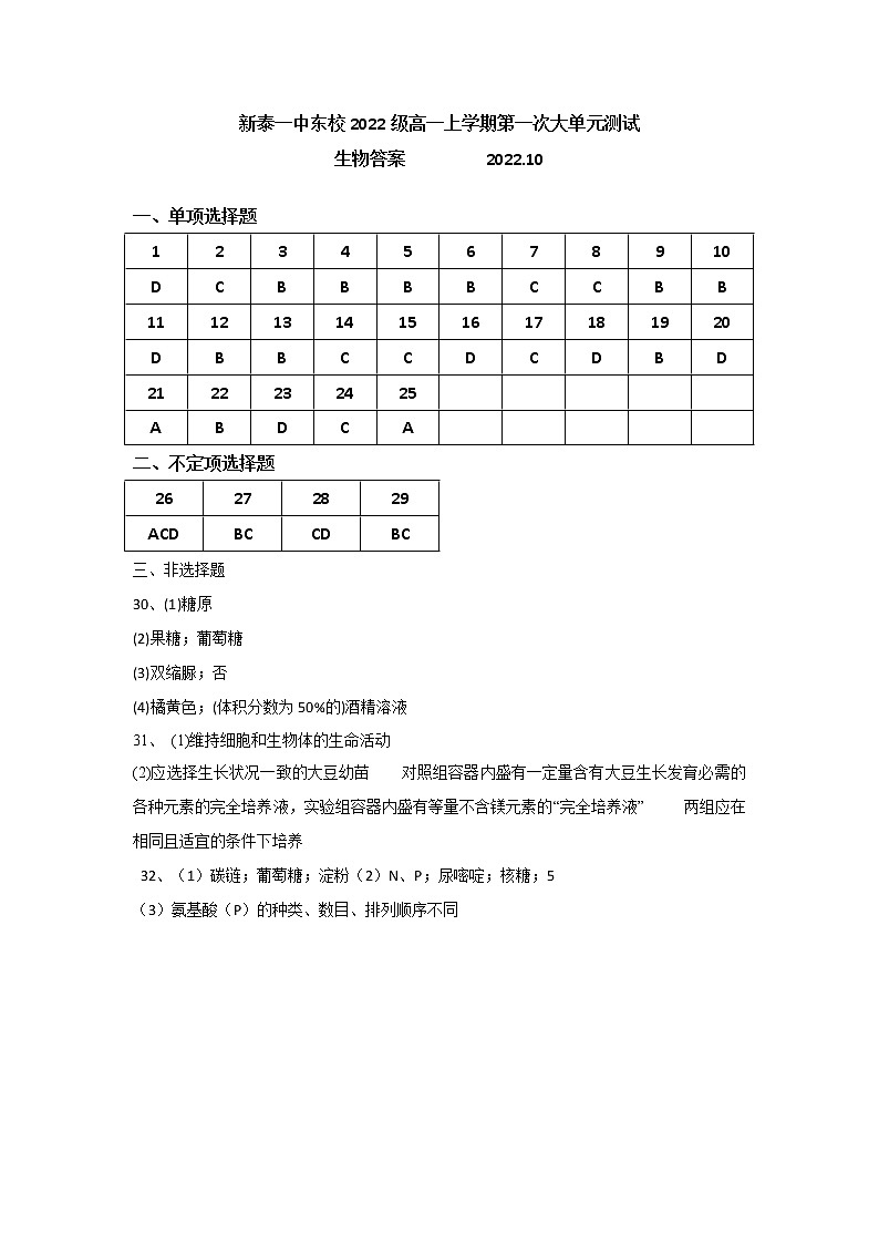 山东省泰安市新泰第一中学东校2022-2023学年高一上学期第一次质量检测生物答案第1页
