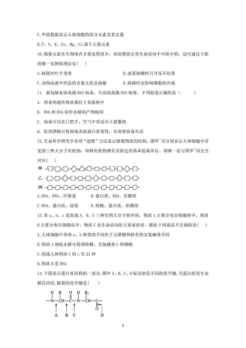 山东省泰安市新泰第一中学东校2022-2023学年高一上学期第一次质量检测生物试题PDF版第3页