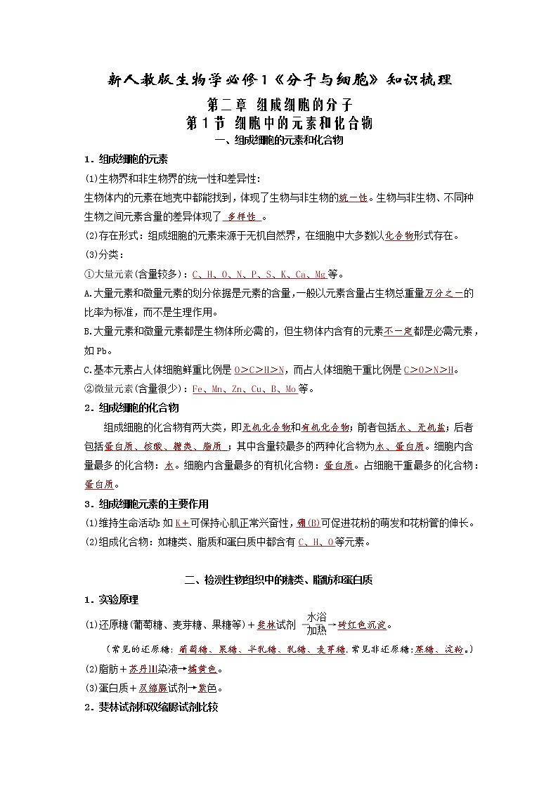 【必背知识清单】高中生物(人教版2019)必修第一册 2.1 细胞中的元素和化合物 同步必备知识清单01