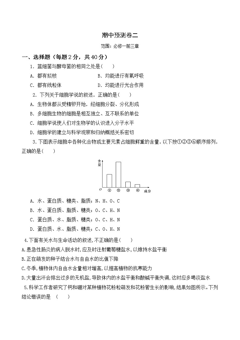 【培优分级练】高中生物(人教版2019)必修第一册 期中预测卷(二)(含解析)-全册综合01