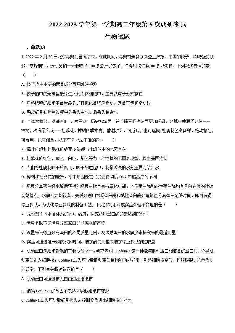 2023晋城一中高三上学期第五次调研考试生物试题含答案第1页
