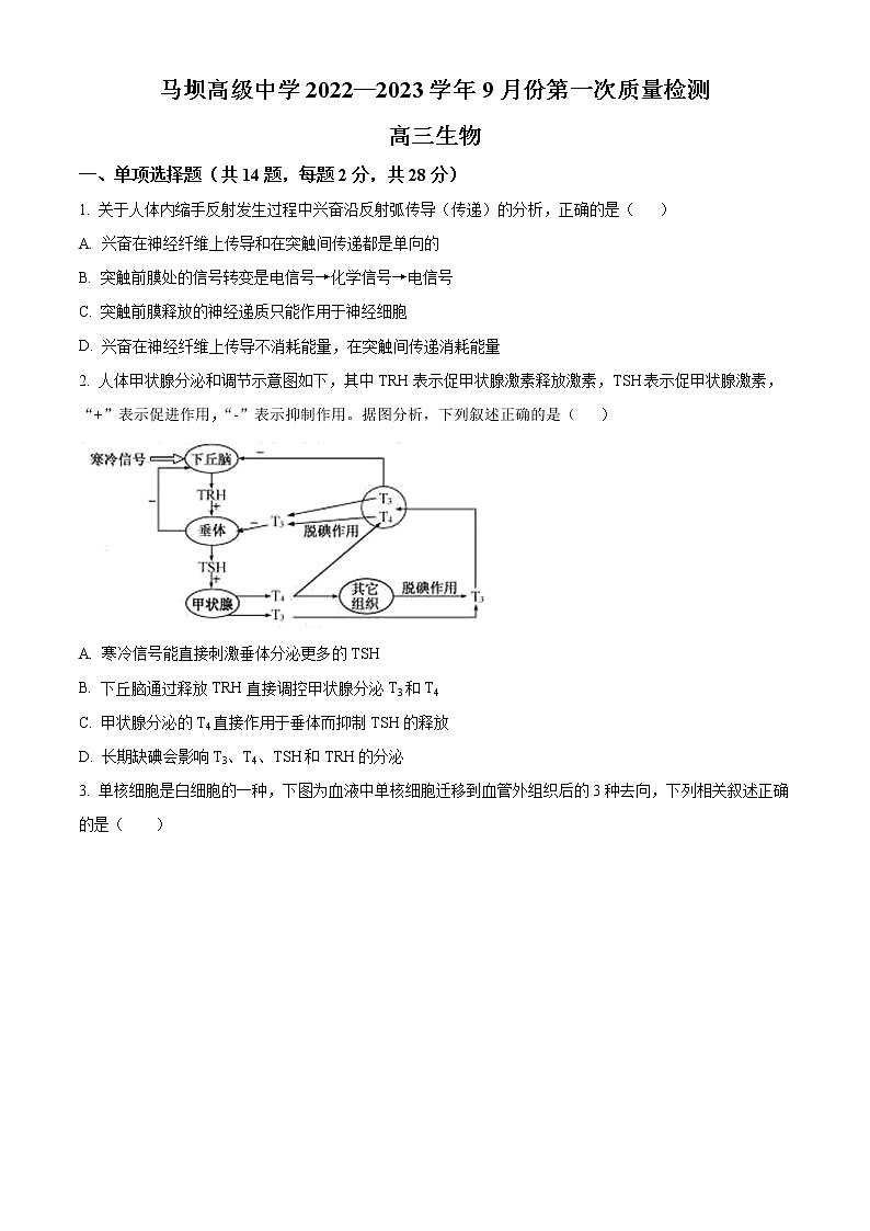 2023淮安马坝高级中学高三上学期9月质量检测生物试题含解析01