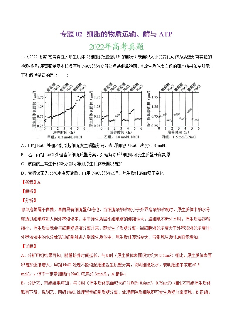 【三年高考真题】最新三年生物高考真题分项汇编——专题02《细胞的物质运输、酶与ATP》（2023新高考地区专用）01