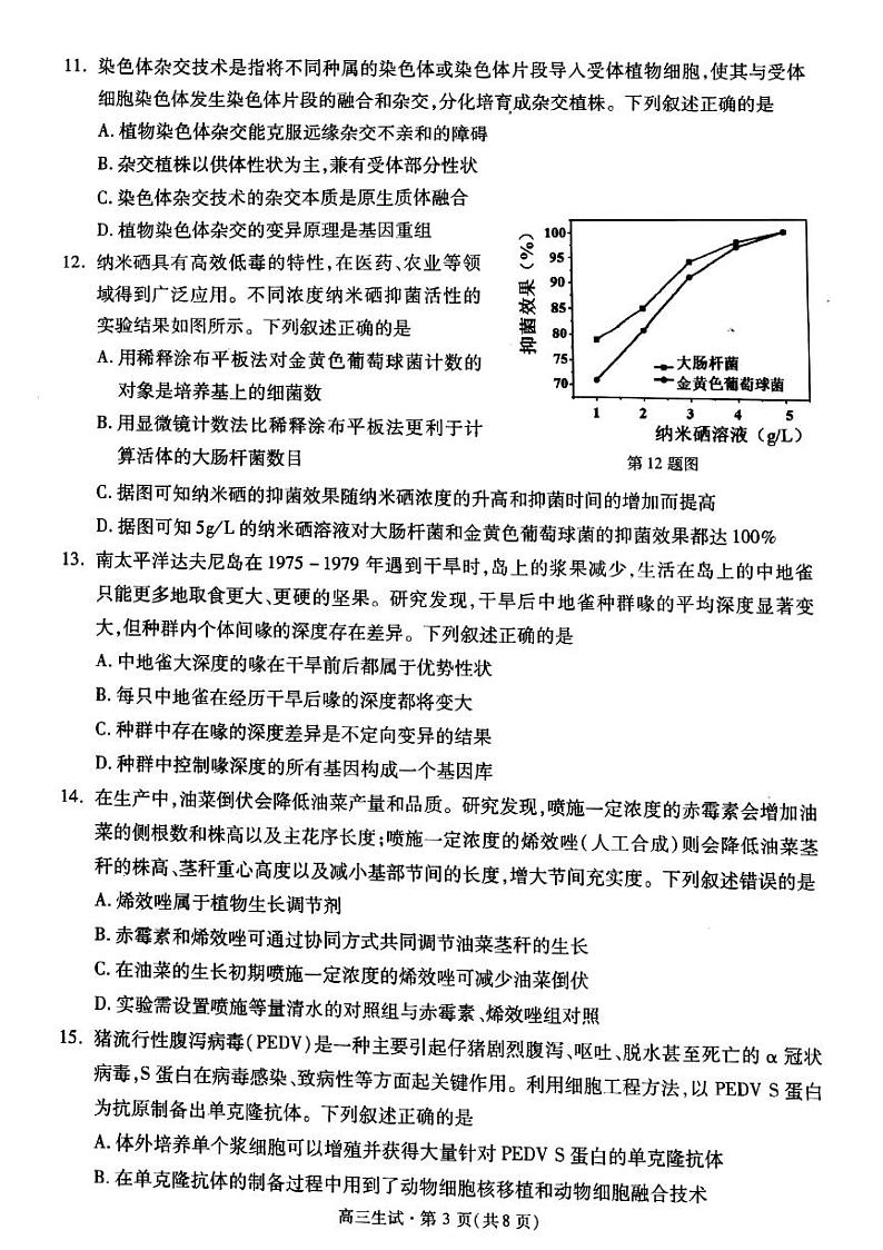 2023杭州高三上学期11月份教学质量检测(杭州一模)生物PDF版含答案第3页