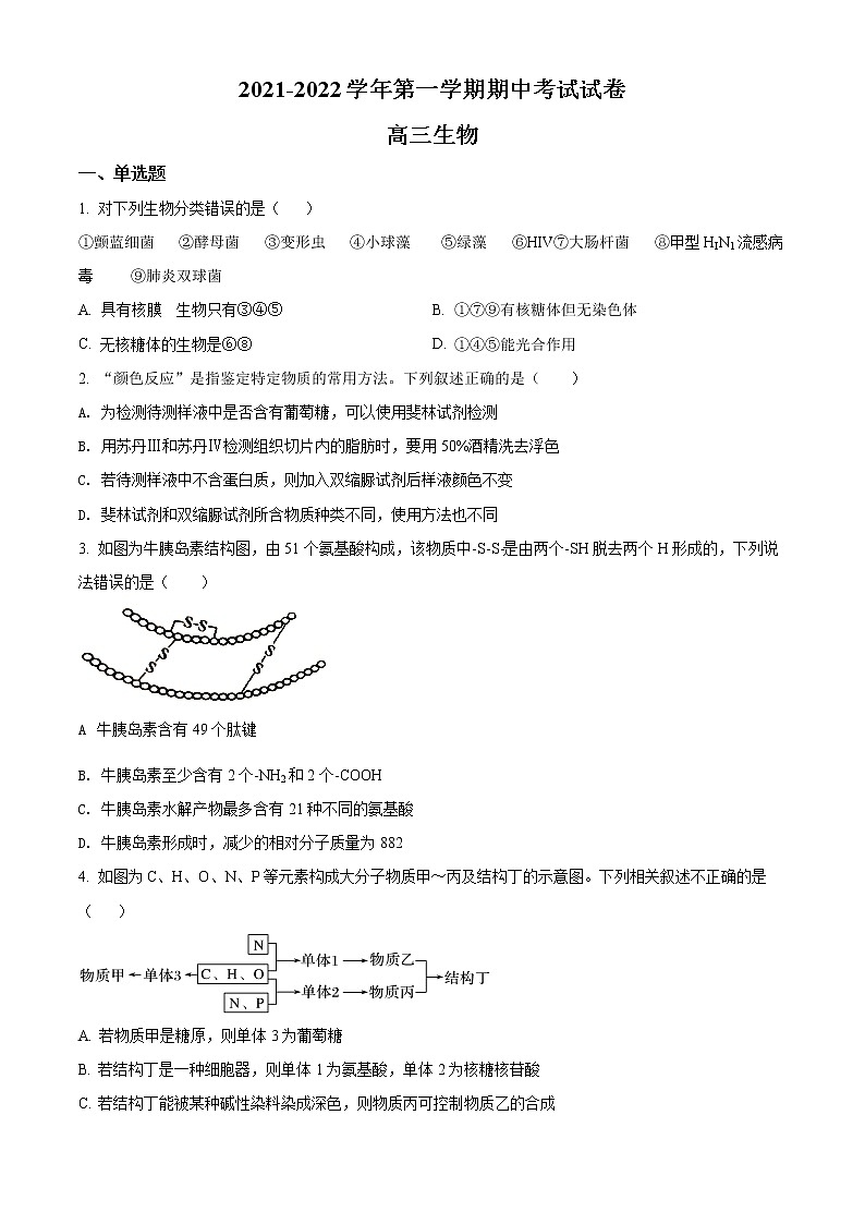 2022阿克苏地区柯坪县柯坪湖州国庆中学高三上学期期中生物试题含解析01