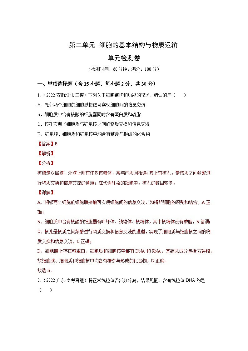 【高考大一轮单元复习】高考生物单元复习课件与检测-第二单元《细胞的基本结构与物质运输》(测试卷)(新教材新高考)(解析版)第1页