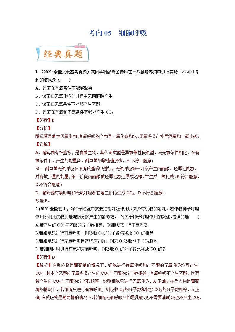 【高考考点专题复习】高考生物考点专题复习——考向05《细胞呼吸》全能卷(全国通用)(解析版)第1页