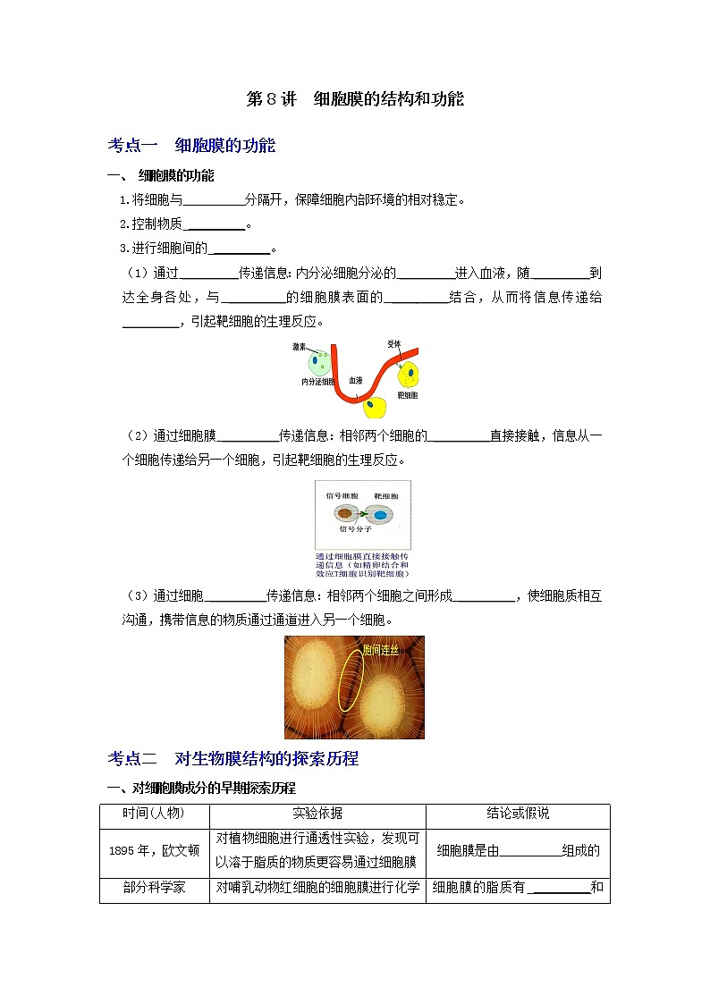 【高考精细化复习】生物(必修1)一轮复习  第8讲《细胞膜的结构和功能》讲义(原卷版)(全国通用)第1页