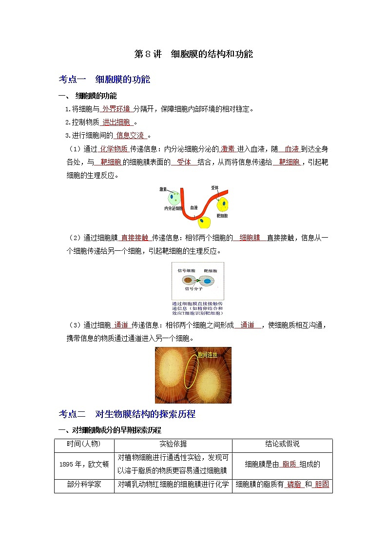 【高考精细化复习】生物(必修1)一轮复习  第8讲《细胞膜的结构和功能》讲义(解析版)(全国通用)第1页