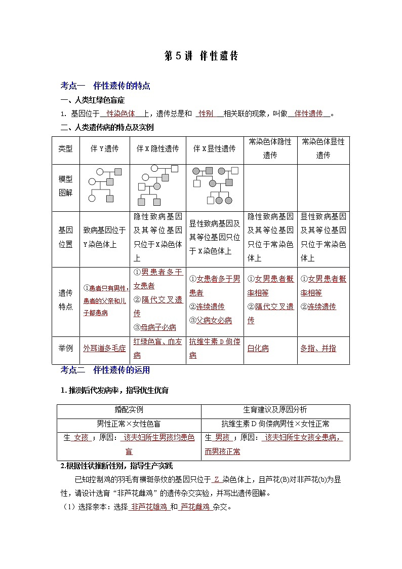 【高考精细化复习】生物(必修2)一轮复习  第5讲《伴性遗传》讲义(解析版)(全国通用)第1页