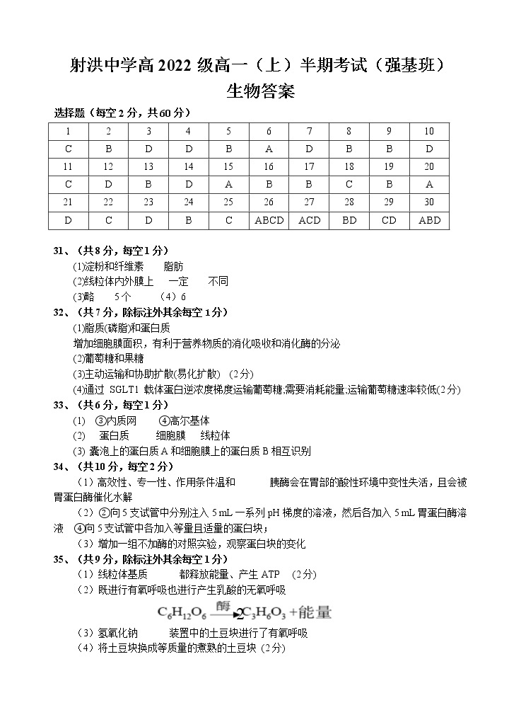 2023四川省射洪中学高一（强基班）上学期期中考试生物含答案01
