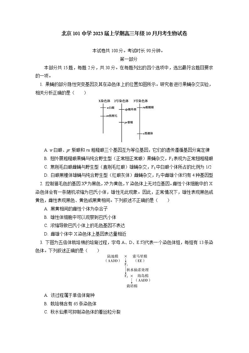 北京一零一中学2022-2023学年高三生物上学期10月月考试卷(Word版附答案)第1页