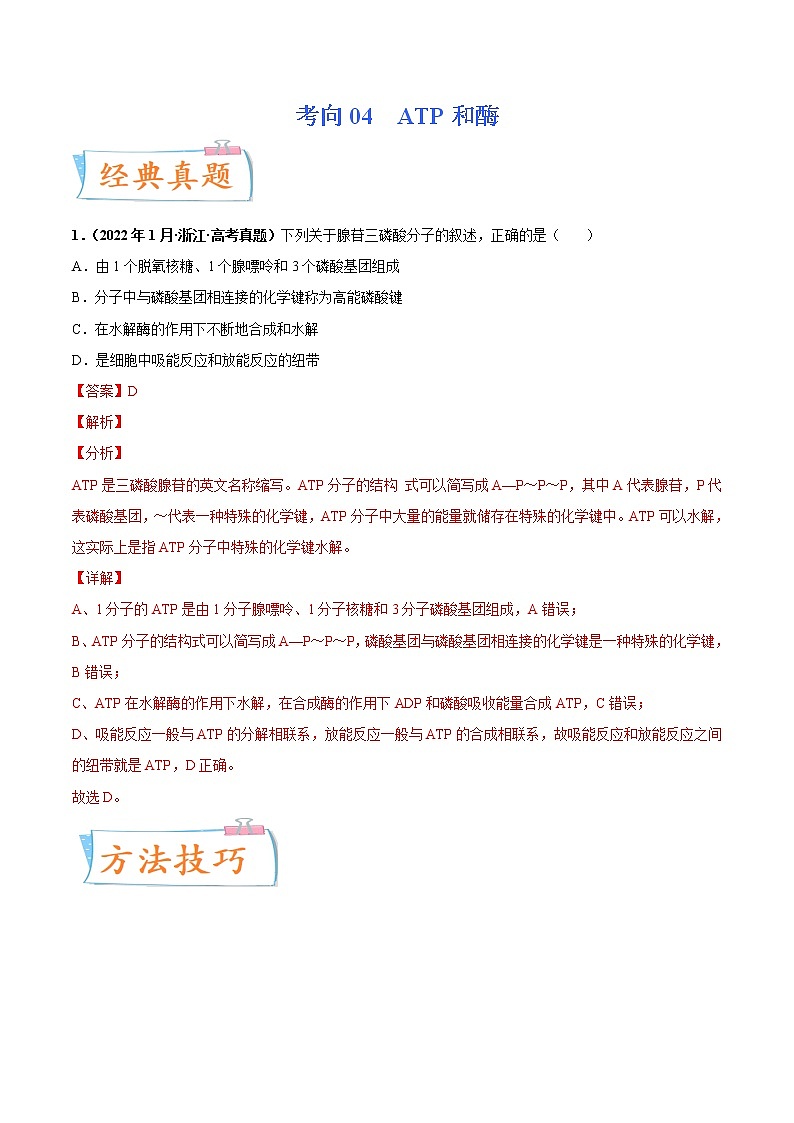 【备战2023高考】生物专题讲与练——考向04《ATP和酶》全能练(全国通用)(解析版)第1页