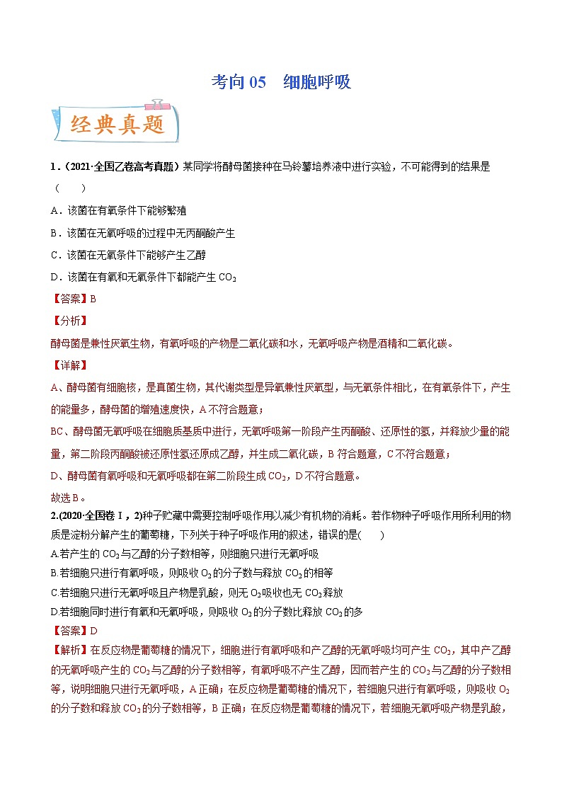 【备战2023高考】生物专题讲与练——考向05《细胞呼吸》全能练(含解析)(全国通用)01