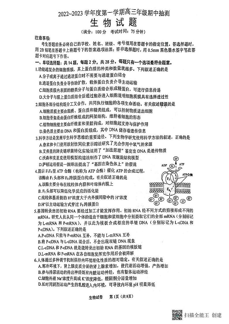 江苏省苏北四市2023届高三生物上学期期中抽测试卷(PDF附答案)第1页