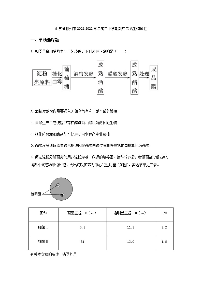 2021-2022学年山东省滕州市高二下学期期中考试生物试题含答案01