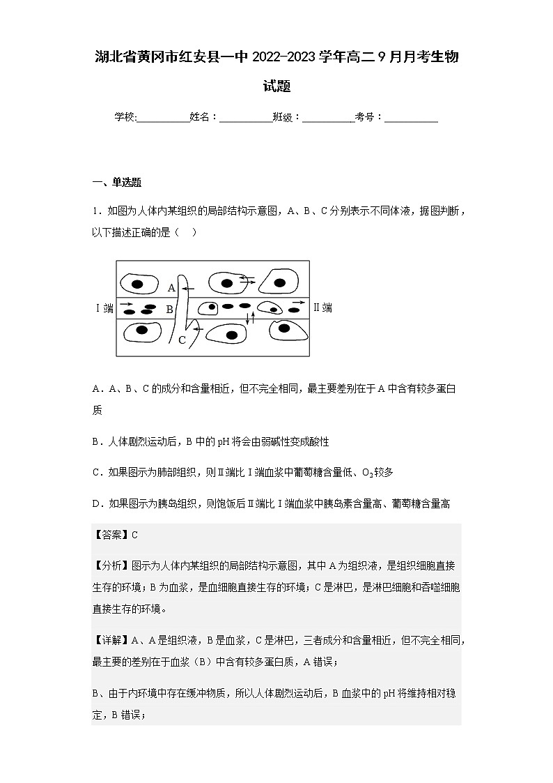 2022-2023学年湖北省黄冈市红安县一中高二9月月考生物试题含解析01
