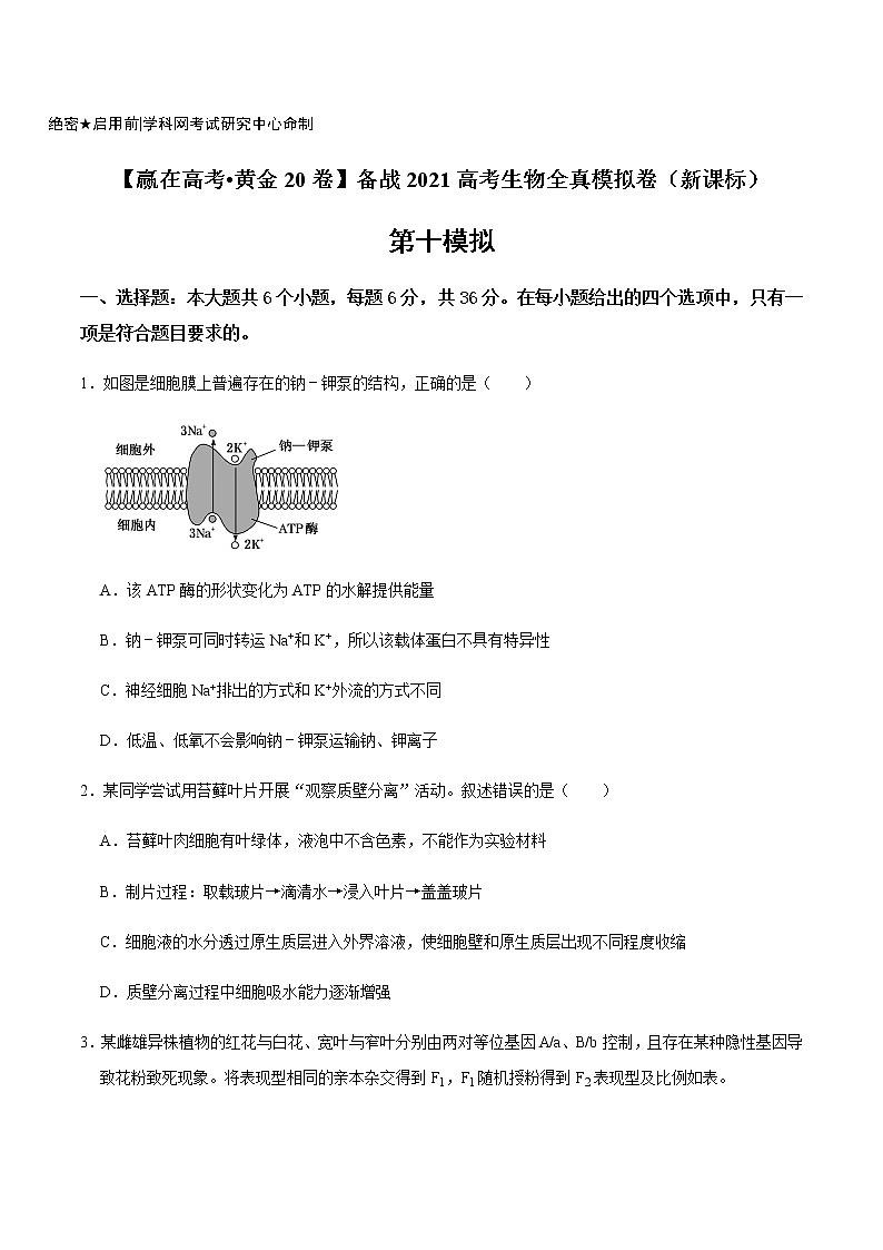 高中生物黄金卷10-【赢在高考•黄金20卷】备战2021高考生物全真模拟卷(新课标)(无答案)第1页
