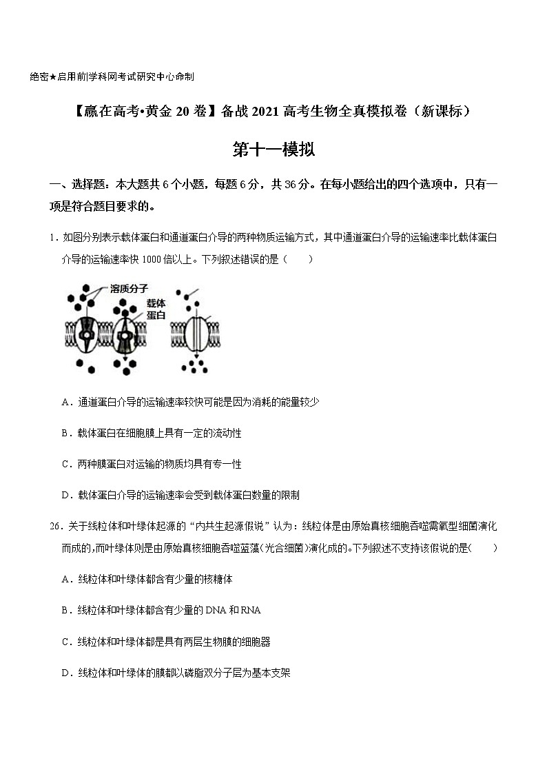 高中生物黄金卷11-【赢在高考•黄金20卷】备战2021高考生物全真模拟卷(新课标)(无答案)第1页