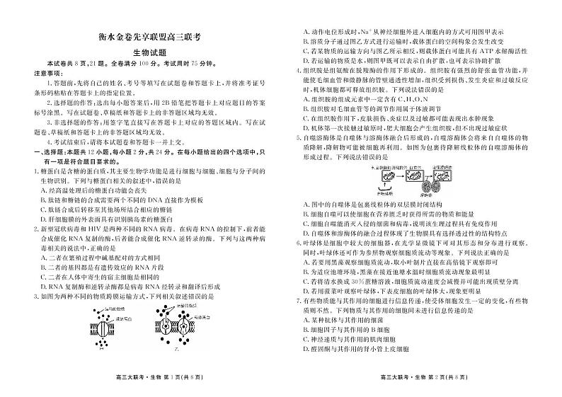 2023届湖南省衡水金卷先享联盟 高三上学期11月联考试题 生物 PDF版第1页